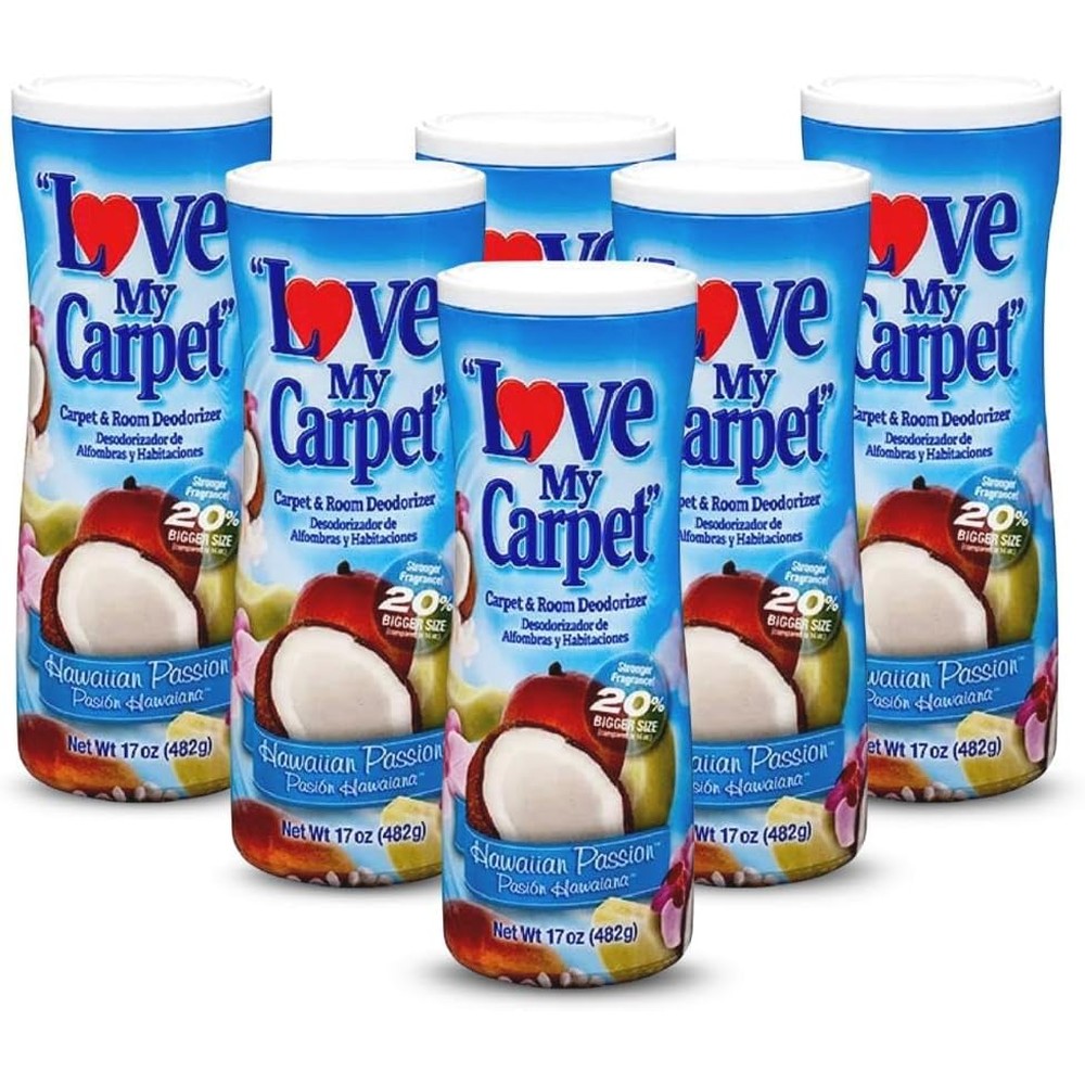 Love My Carpet Hawaiian Passion deodorizer powder front view for pet odor elimination.