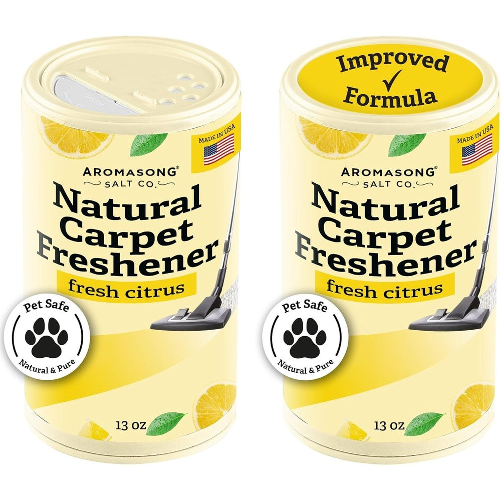 Aromasong Natural Citrus Carpet Deodorizer Powder front view 2 pack for pet odor removal.