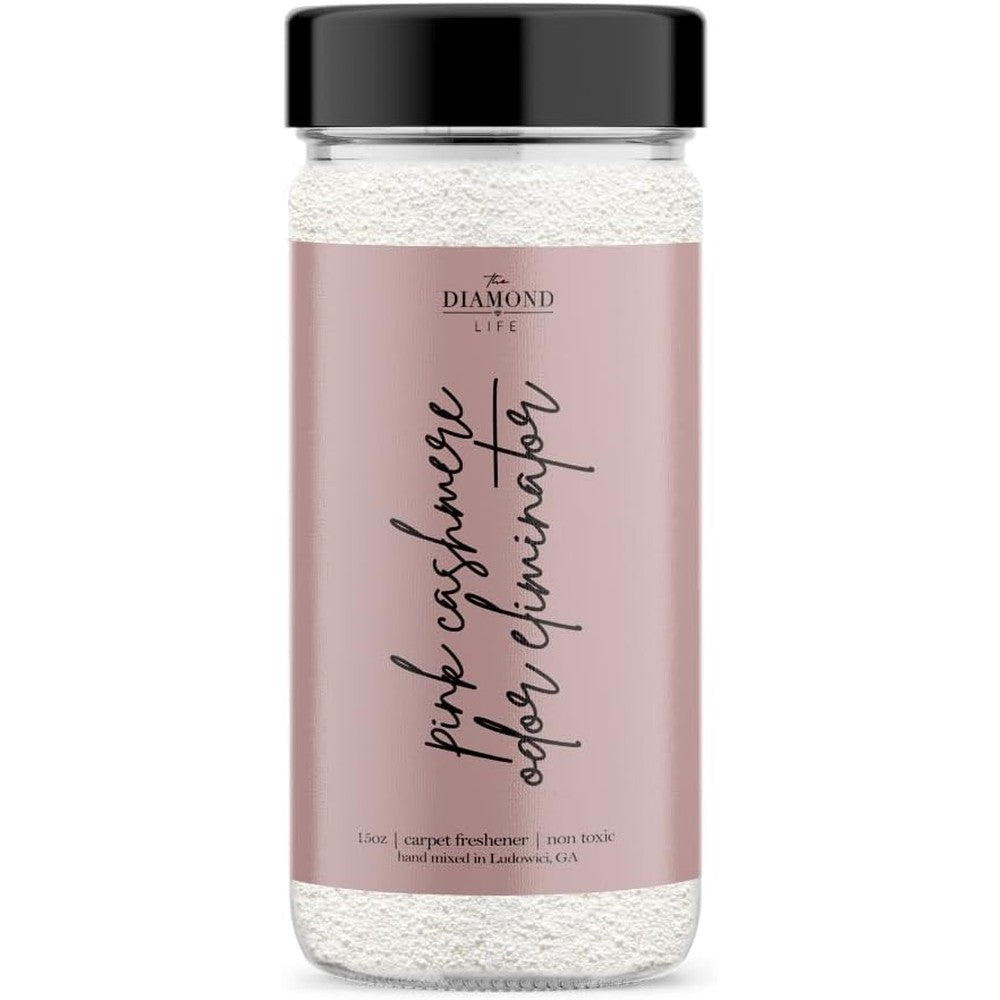 The Diamond Life Home Pink Cashmere Carpet Deodorizer Powder front view 15 ounce bottle.