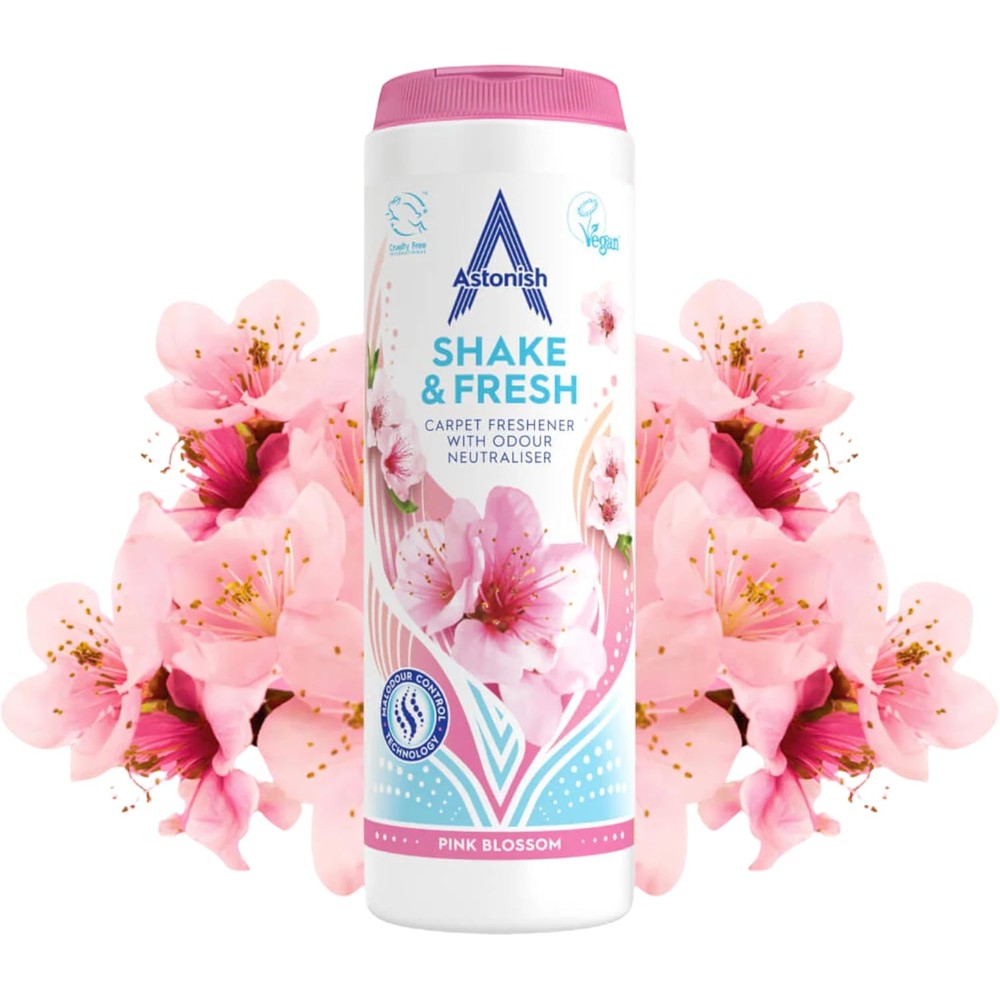 Astonish Shake Fresh Pink Peony bottle front view carpet deodorizer powder
