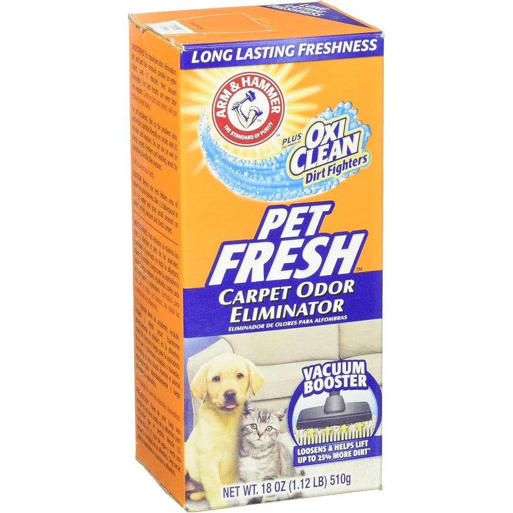 Arm and Hammer Pet Fresh Carpet Odor Eliminator 1.12 Pound front view showing OxiClean branding for pet hair removal.