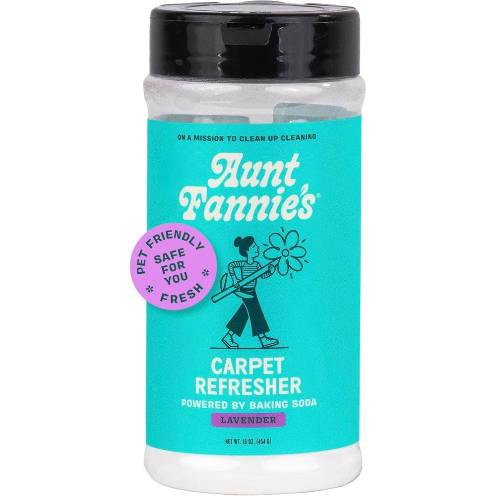 Aunt Fannie's Carpet Refresher Powder Lavender front view for pet odor removal.