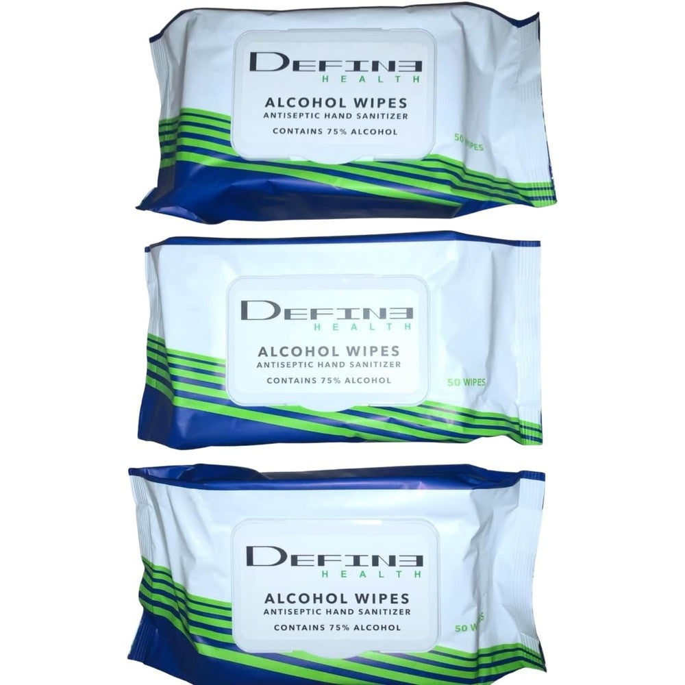 Define Health Antiseptic Hand Sanitizing Wipes 3 pack front view 75 percent alcohol