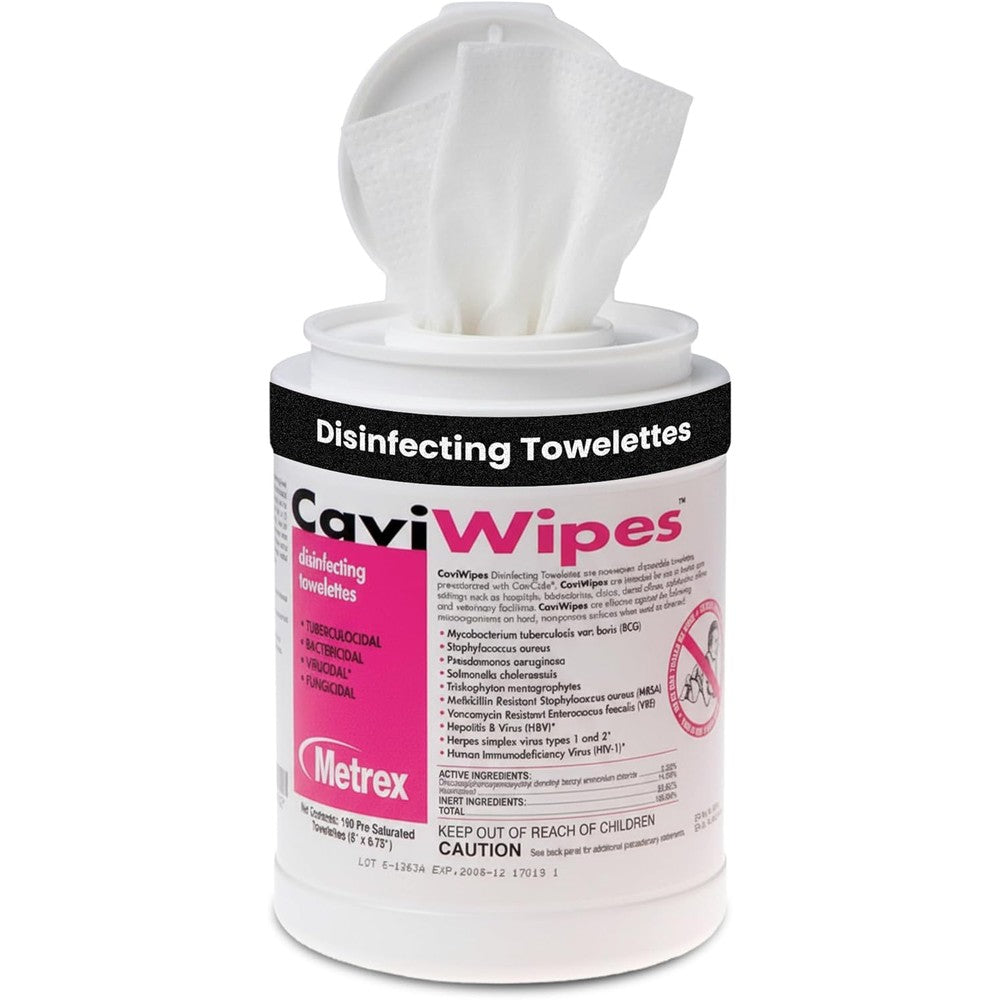 Metrex CaviWipes disinfecting towelettes canister front view for clinical surface cleaning
