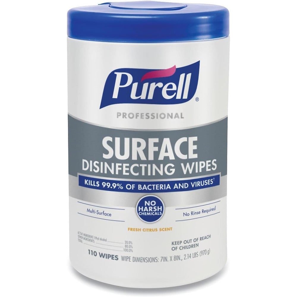 Purell Professional Surface Disinfecting Wipes 110 count canister front view for workplace sanitization.