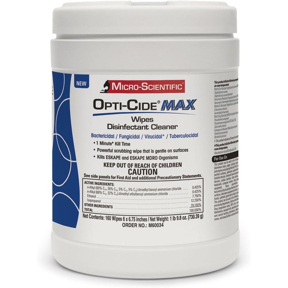 Micro-Scientific Opti-Cide Max 160 Wipes canister front view medical grade surface disinfectant.