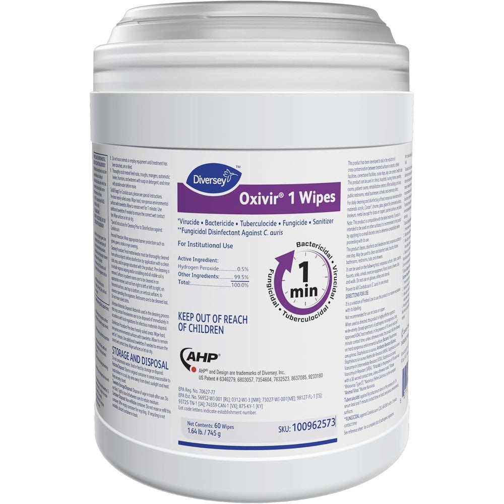 Oxivir Diversey 1 Disinfectant Cleaning Wipes canister front view for hospital-grade surface sanitizing.