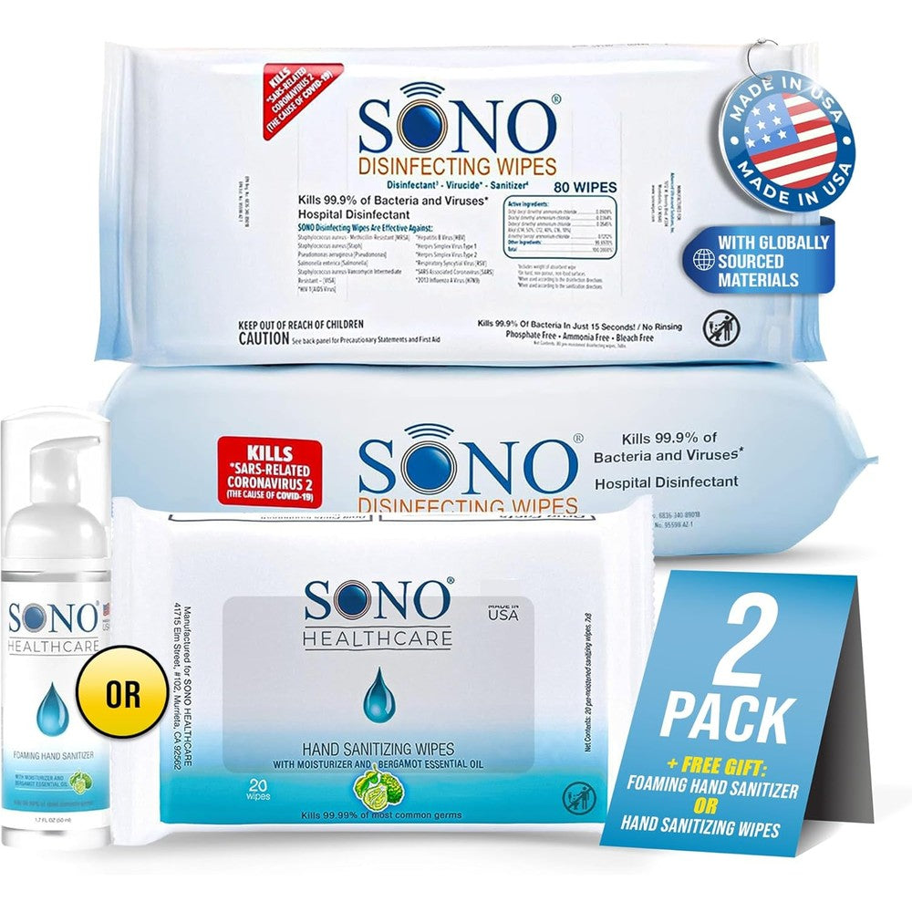 SONO Disinfecting Wipes Pack of 2 front view medical grade alcohol free surface cleaner.