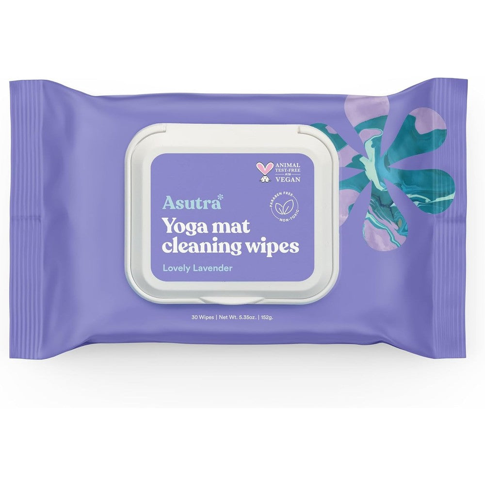 ASUTRA Yoga Mat Cleaning Wipes Lovely Lavender 30 count pouch front view for gym gear hygiene.