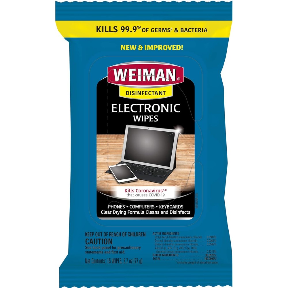 Weiman Disinfecting Electronic Wipes 15 count pack front view for screen cleaning.