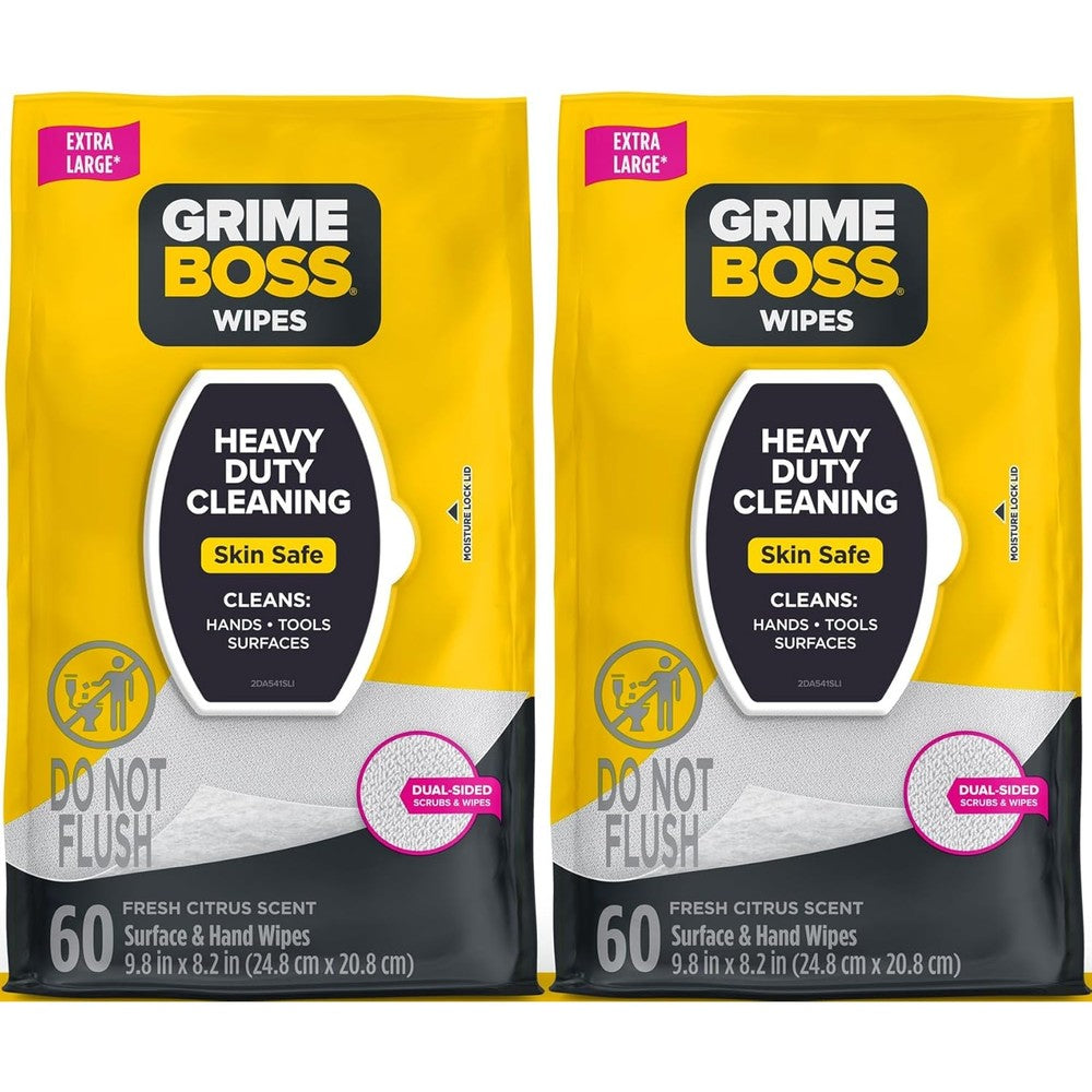 Grime Boss Heavy Duty Surface and Hand Wipes front view twin pack showing sixty count packages for grease and paint removal