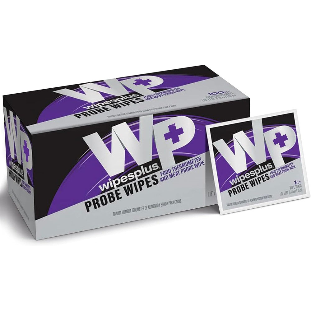 WipesPlus Thermometer Sanitizing Wipes 100 count box with individual sachets for professional kitchen hygiene.