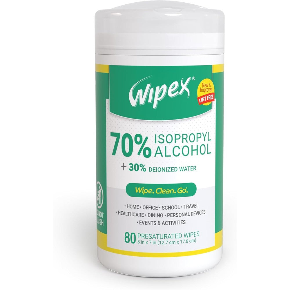 Wipex 70 Percent Isopropyl Alcohol Wipes 80 Count Canister front view for electronics cleaning.