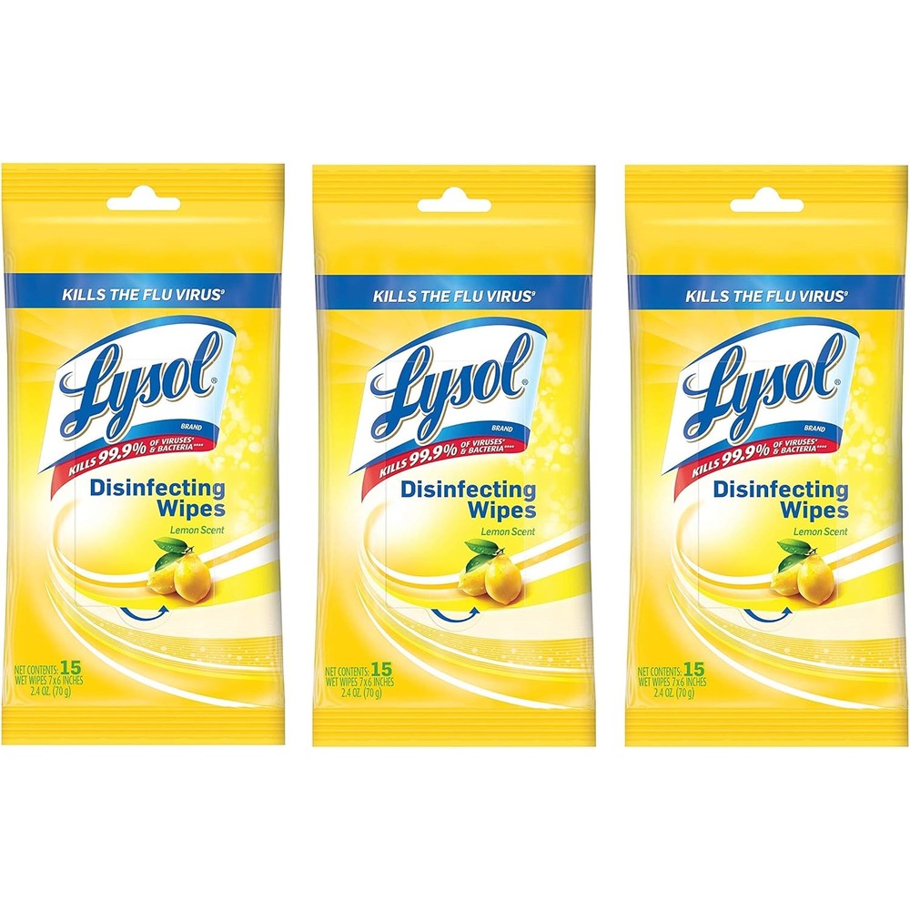Lysol Disinfecting Wipes To-Go Pack Lemon Scent 15 Count front view travel pouch