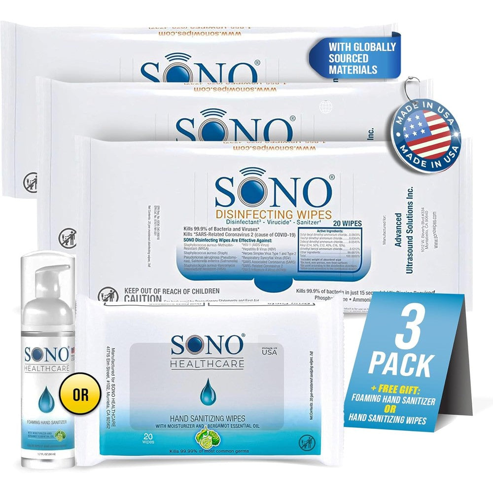 SONO Disinfecting Wipes 3-pack with hand sanitizer front view medical grade cleaning