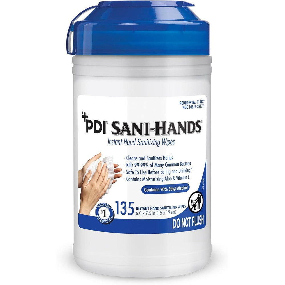 PDI Sani-Hands 135 count canister front view antimicrobial hand sanitizing wipes.