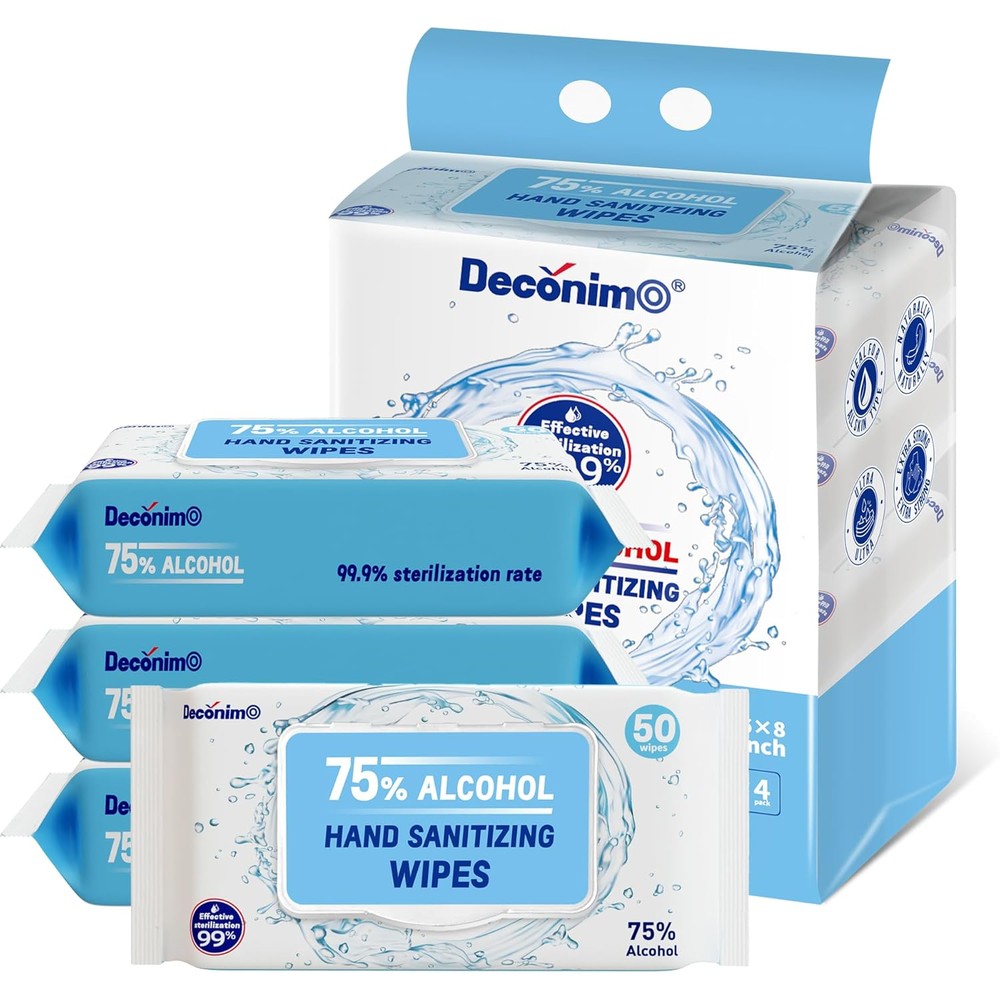Decónimo Advanced 75% Alcohol Hand Sanitizing Wipes four pack bundle front view for medical grade hygiene.