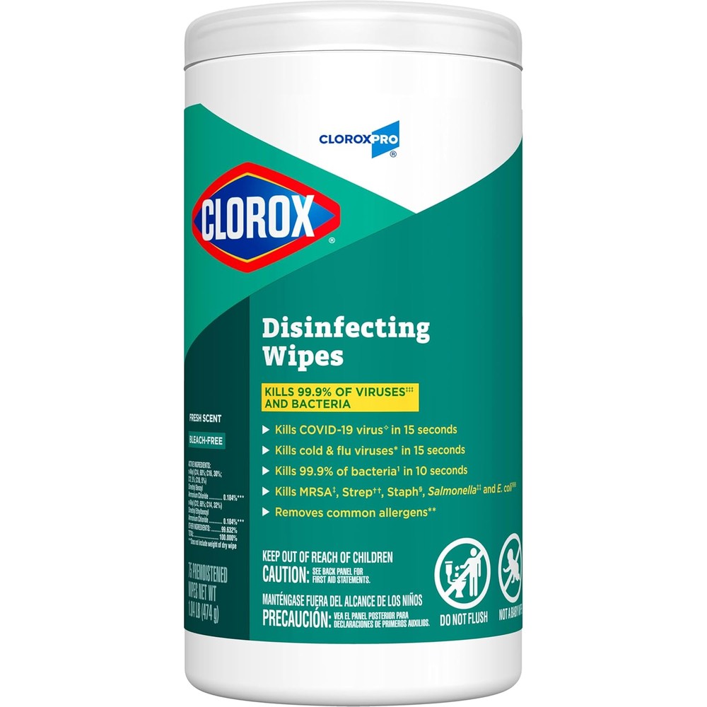 CloroxPro Disinfecting Wipes Fresh Scent 75 Count canister front view for multi-surface cleaning.