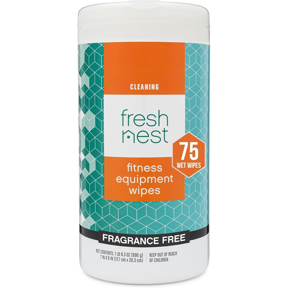 Fresh Nest Fitness Equipment Wipes 75 count canister front view for yoga mat cleaning.