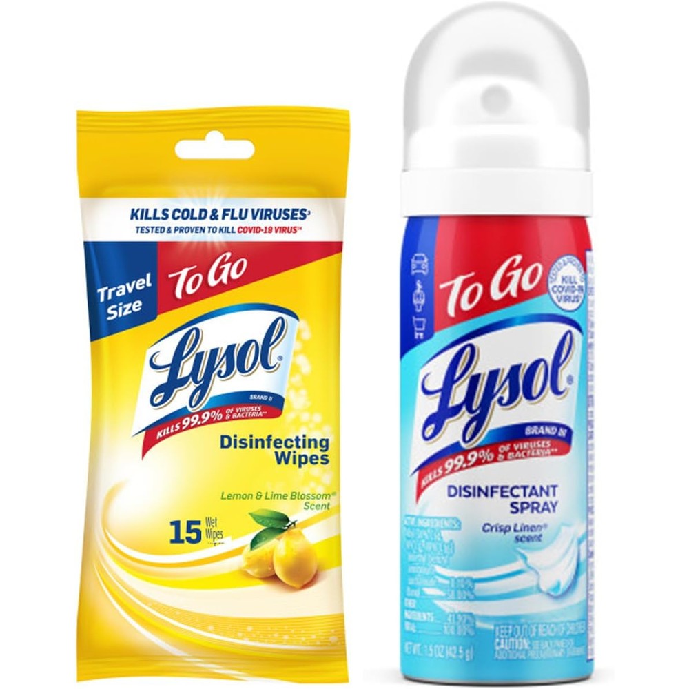 Lysol To Go Bundle including Crisp Linen disinfectant spray and Lemon Lime wipes for travel hygiene.