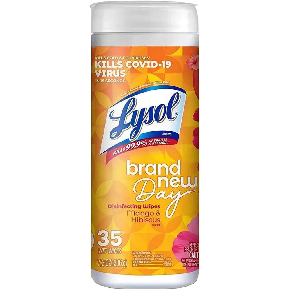 Lysol Disinfectant Wipes Mango and Hibiscus 35 count canister front view for antibacterial surface cleaning.