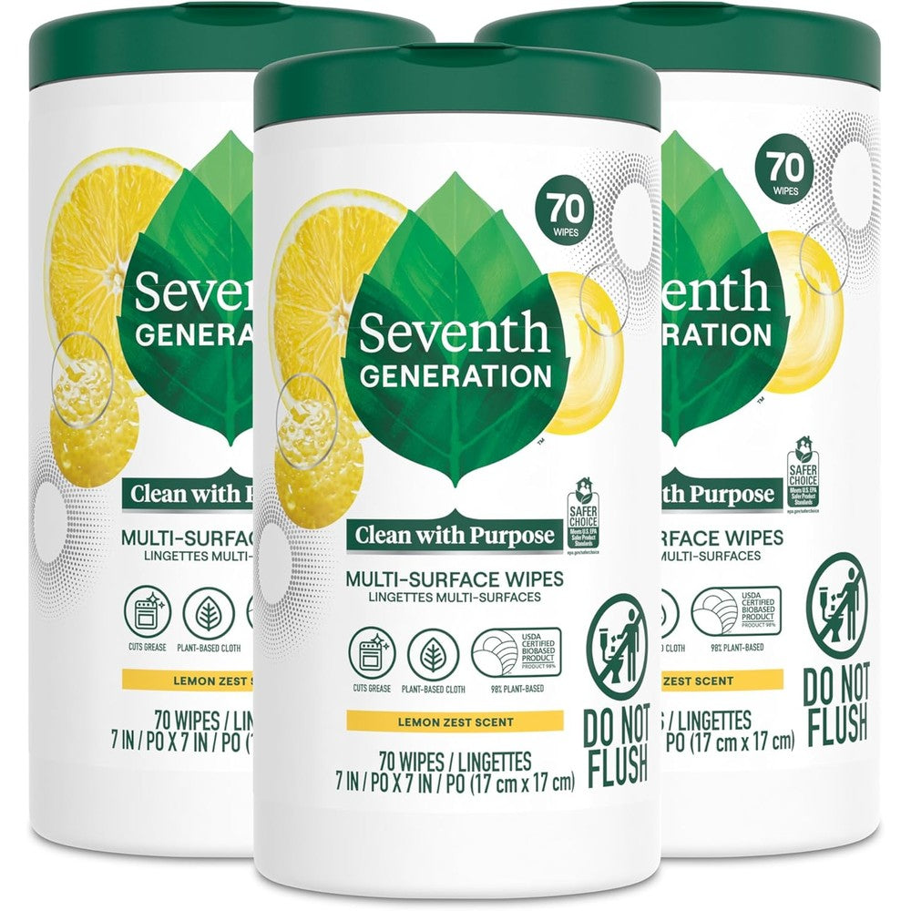 Seventh Generation Multi Surface Wipes 3 pack front view authentic plant-based cleaner.