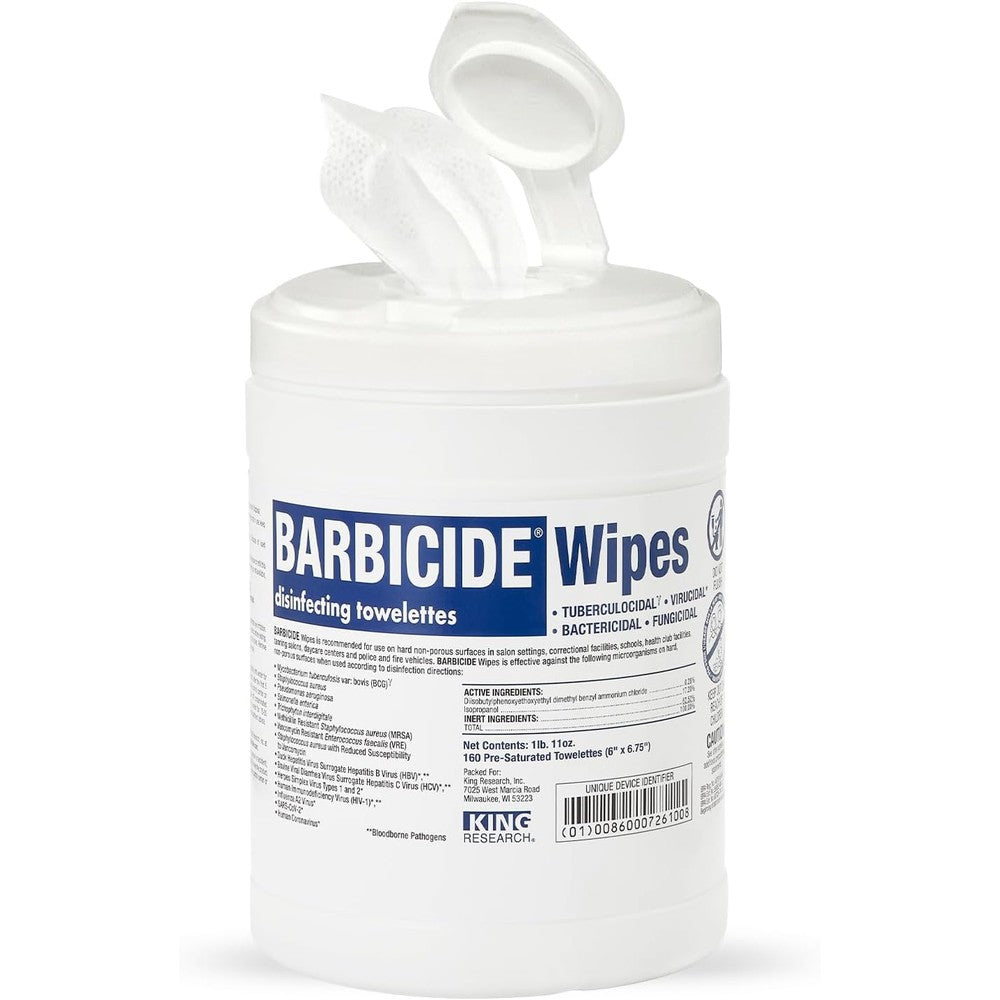 Barbicide Professional Disinfecting Wipes 160 count canister front view for salon sanitation.