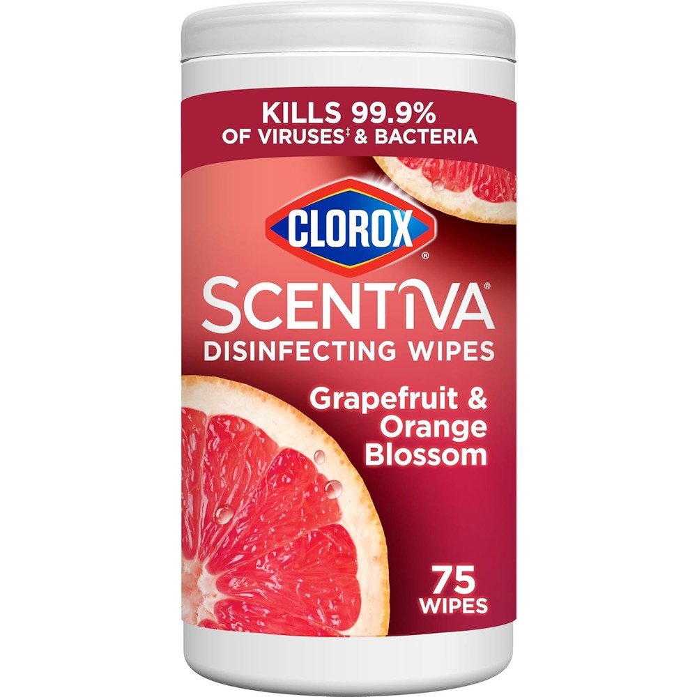 Clorox Scentiva Disinfecting Wipes Grapefruit and Orange Blossom 75 count canister front view for home sanitization.