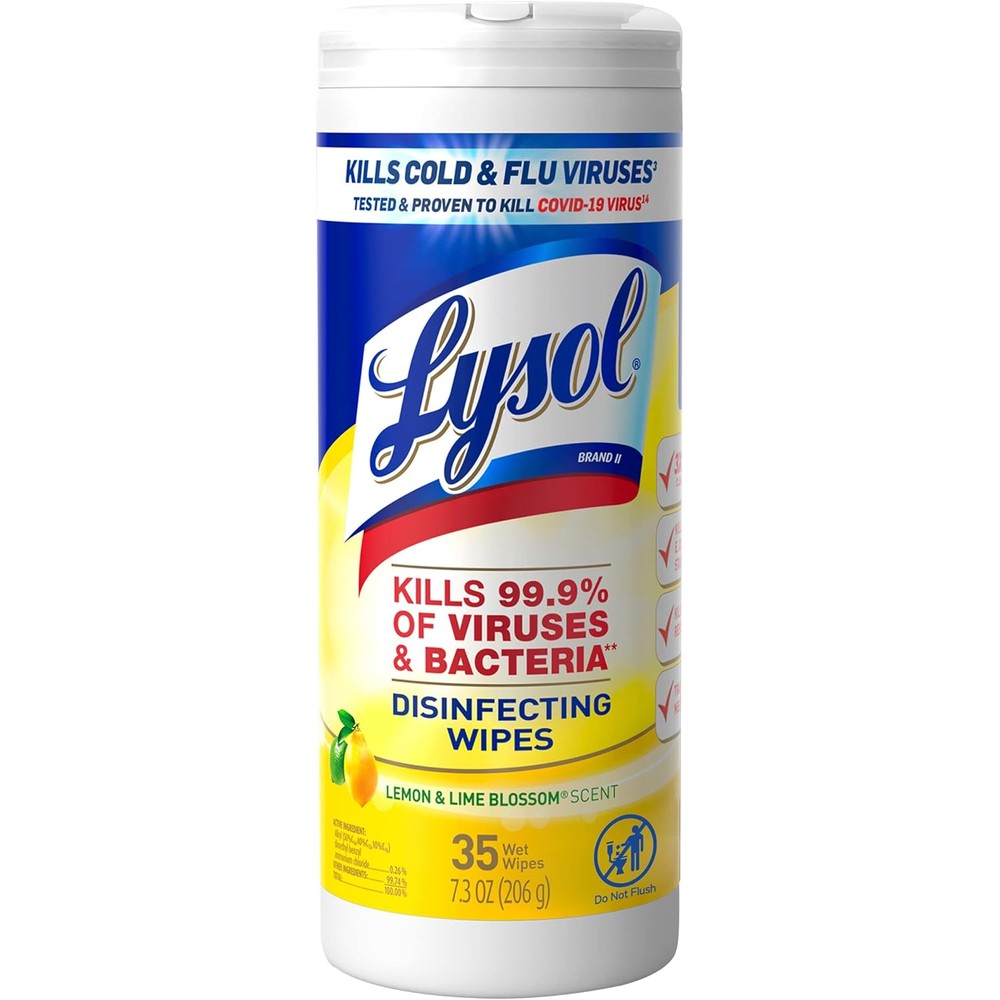 Lysol Disinfecting Wipes 35 Count Lemon and Lime Blossom canister front view for antibacterial surface cleaning.