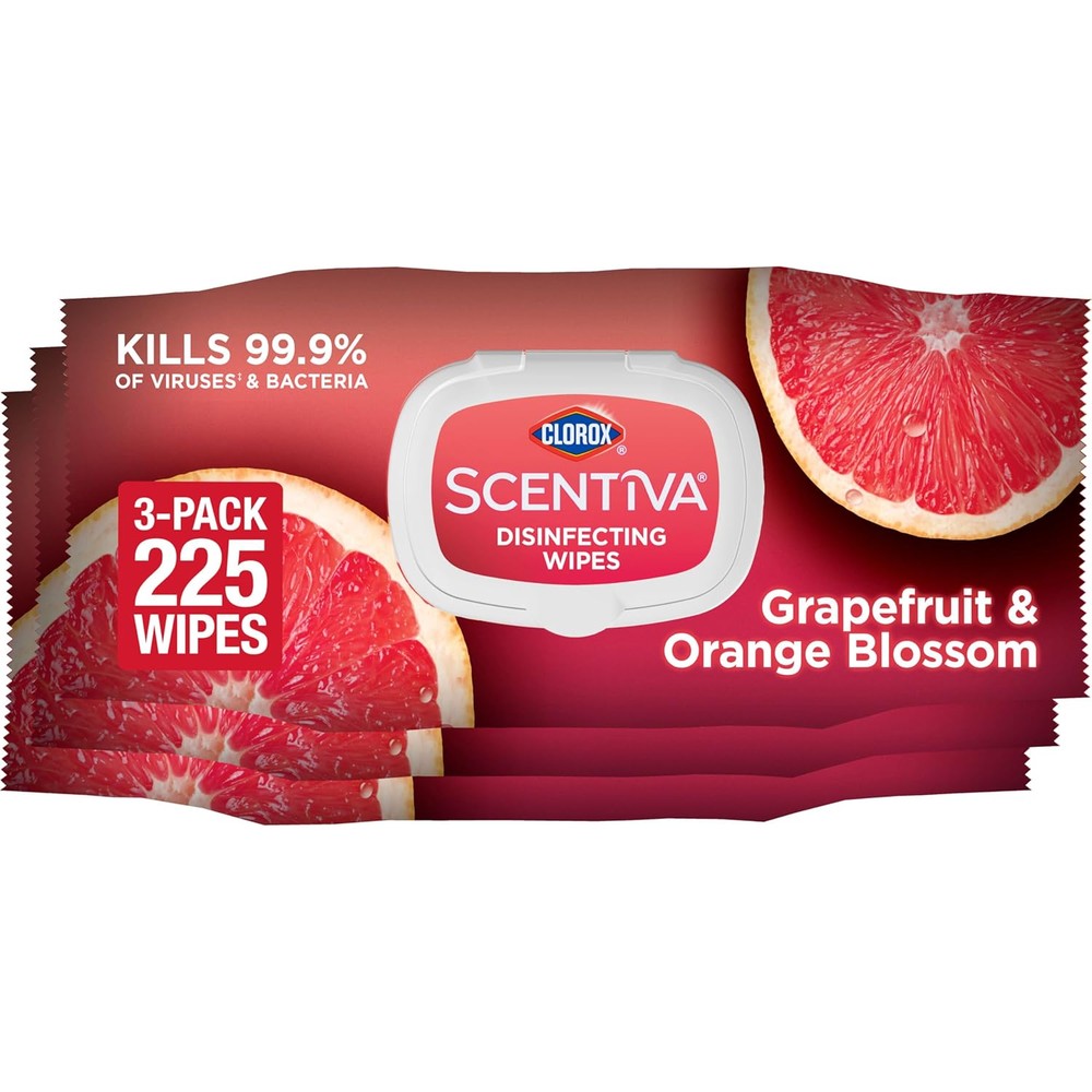 Clorox Scentiva Disinfecting Wipes Grapefruit and Orange Blossom 3-pack front view for home surface cleaning.