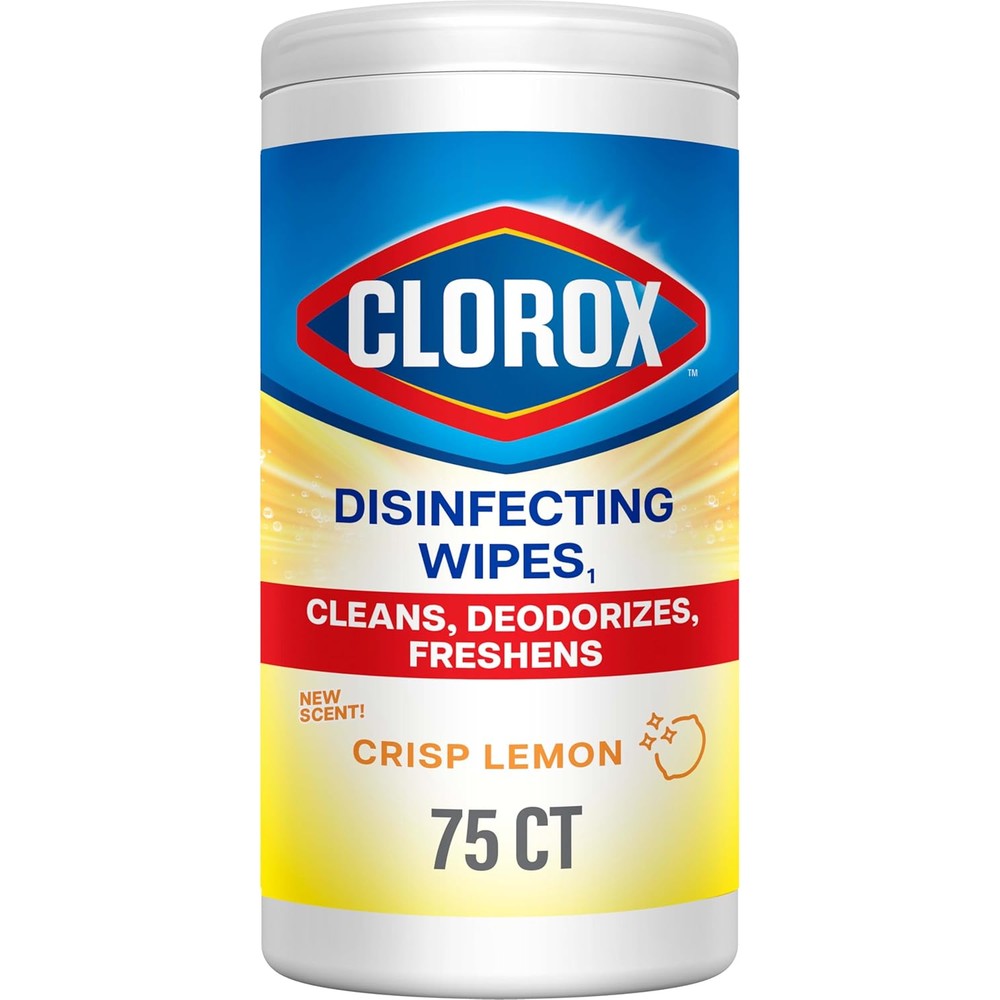 Clorox Disinfecting Cleaning Wipes Crisp Lemon 75 Count canister front view antibacterial surface cleaner.
