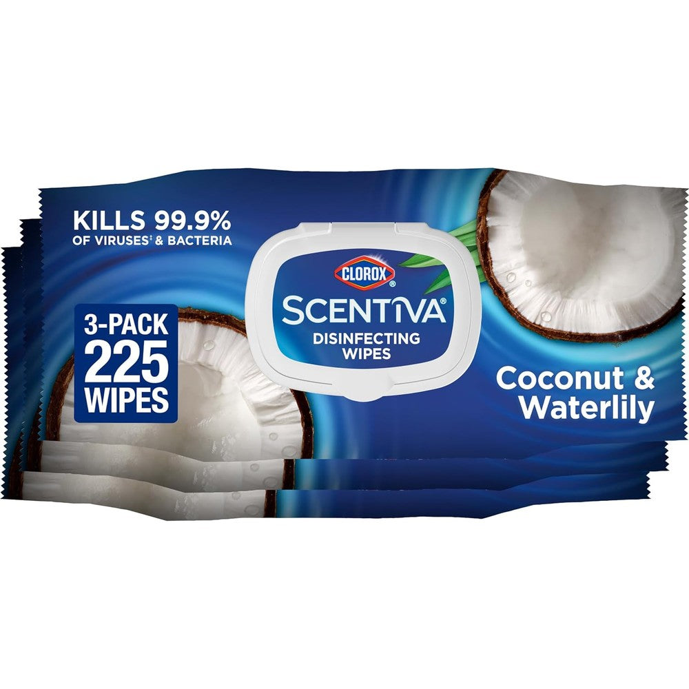 Clorox Scentiva Disinfecting Wipes Coconut and Waterlily Pack of 3 front view imported disinfectant.