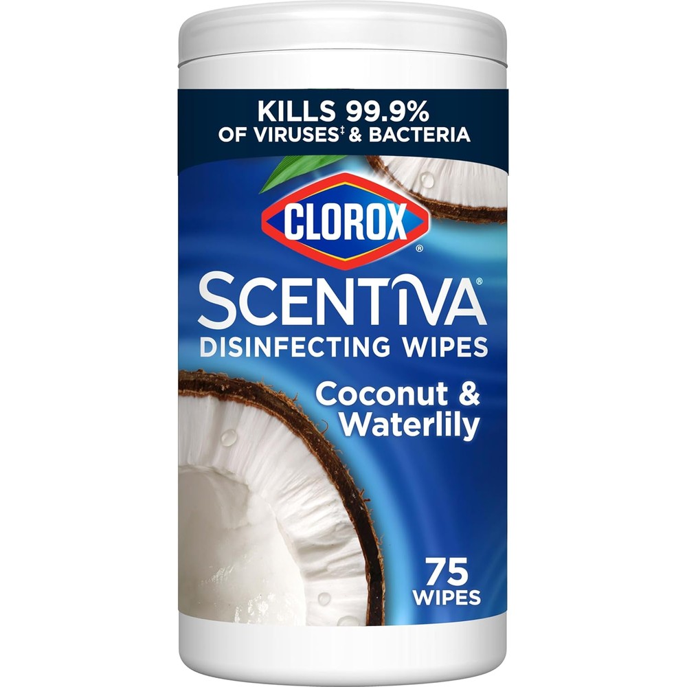 Clorox Scentiva Disinfecting Wipes Coconut and Waterlily 75 Count front view for home surface sanitization.