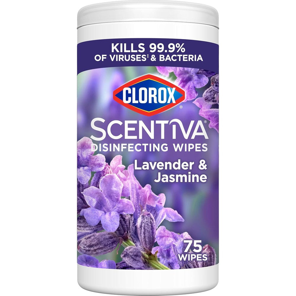 Clorox Scentiva Disinfecting Wipes Tuscan Lavender and Jasmine 75 count front view canister for multi surface cleaning.