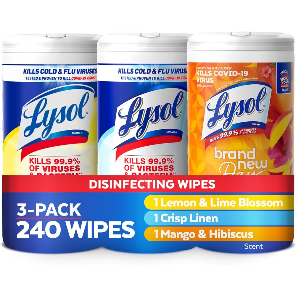 Lysol Disinfectant Wipes Bundle 3-pack front view showing assorted scents for multi-surface cleaning.