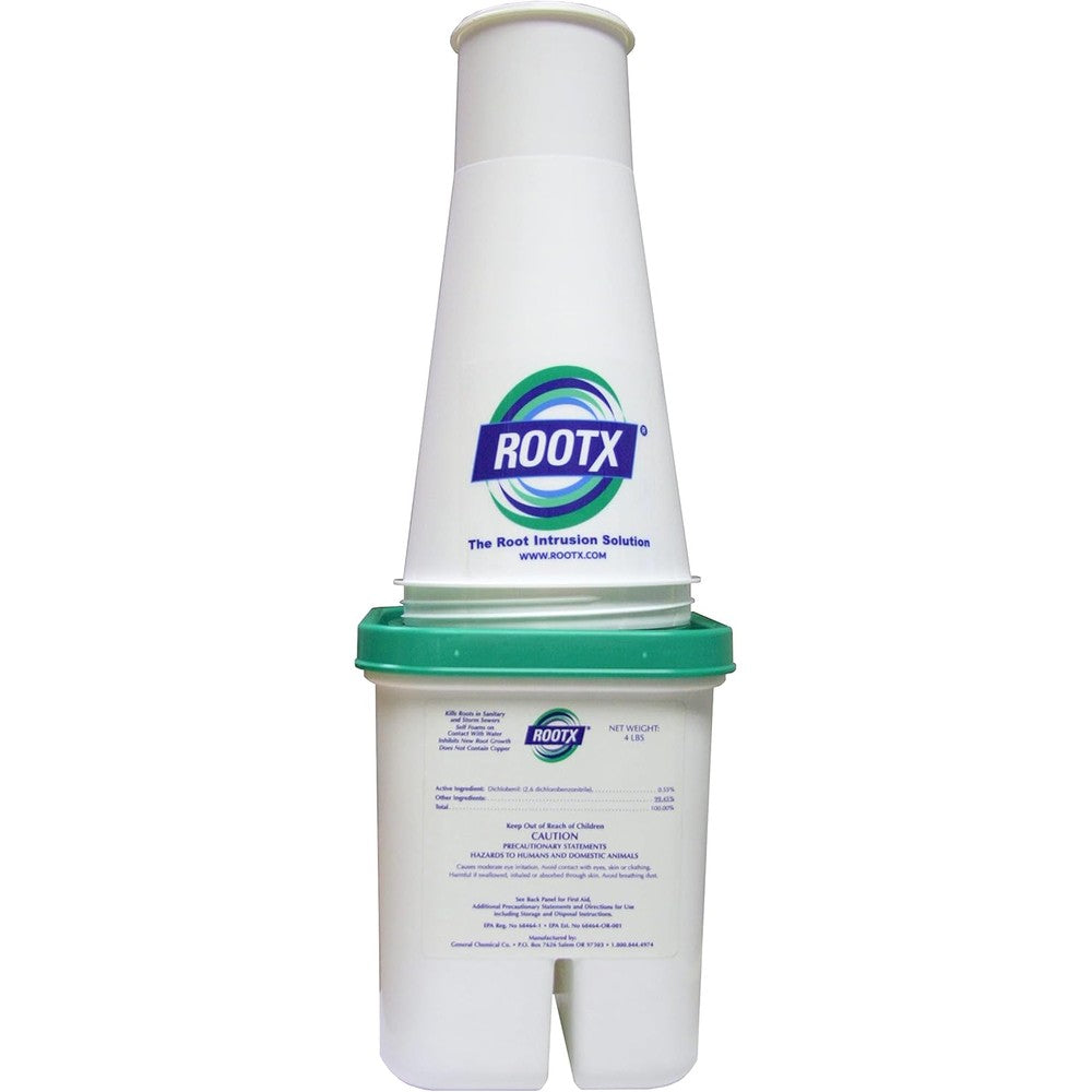 RootX four pound foaming root control jar with funnel applicator front view for clearing sewer line blockages