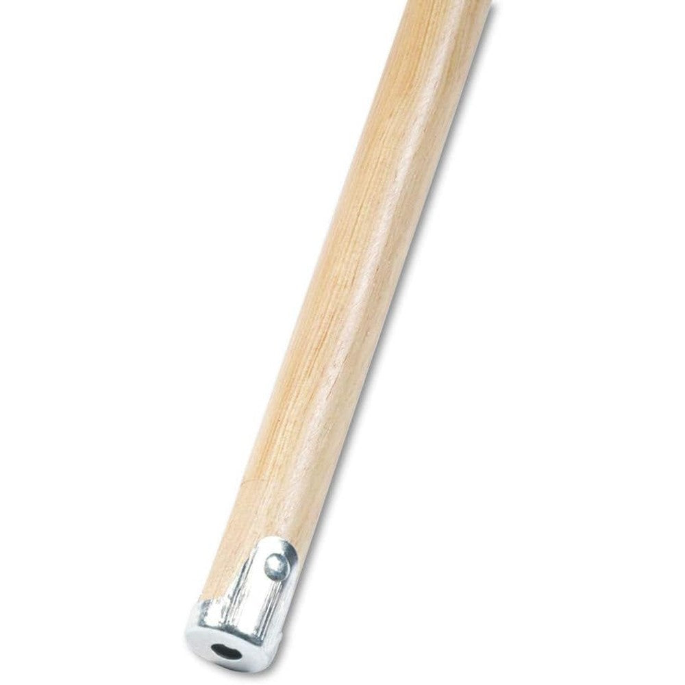 Boardwalk BWK834 Lie-Flat Screw-In Wood Mop Handle front view showing the natural lacquered wood finish and riveted metal connector.