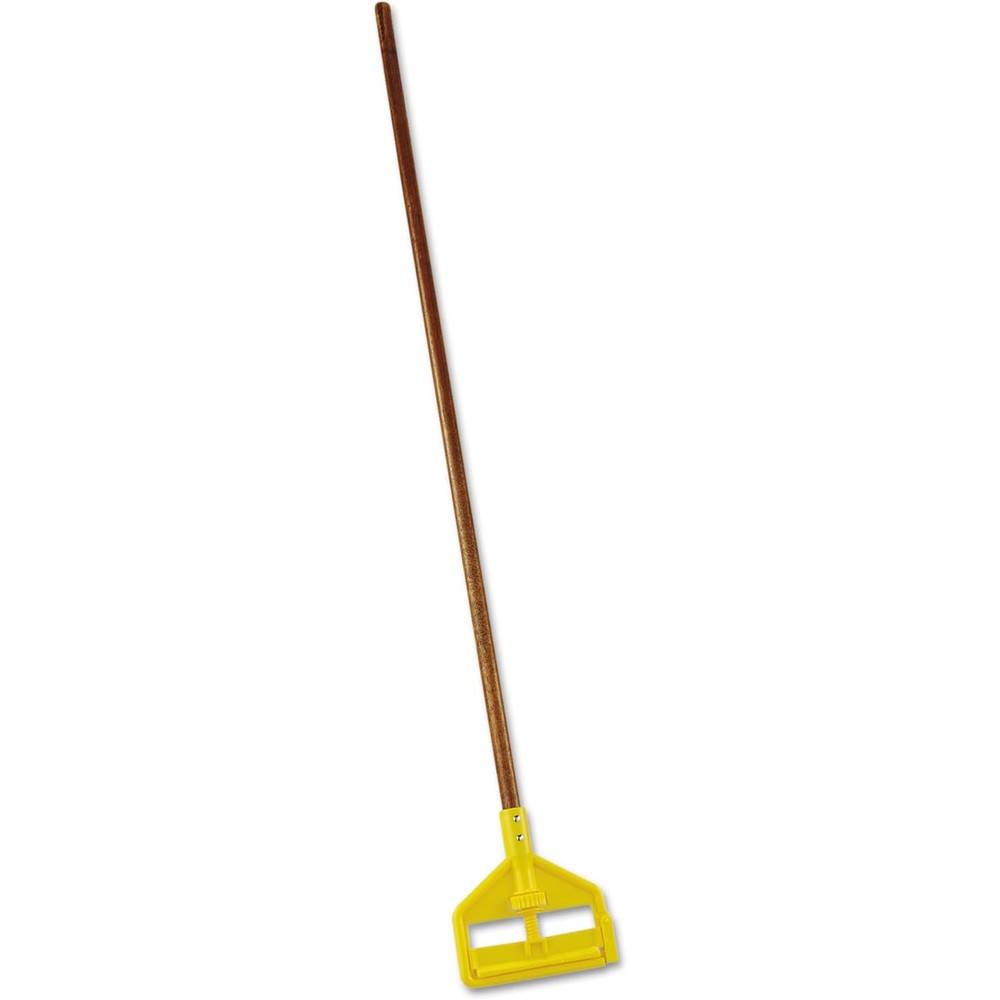 Rubbermaid Commercial Products Invader 54 Inch Wood Wet Mop Handle front view showcasing yellow side gate clamp.