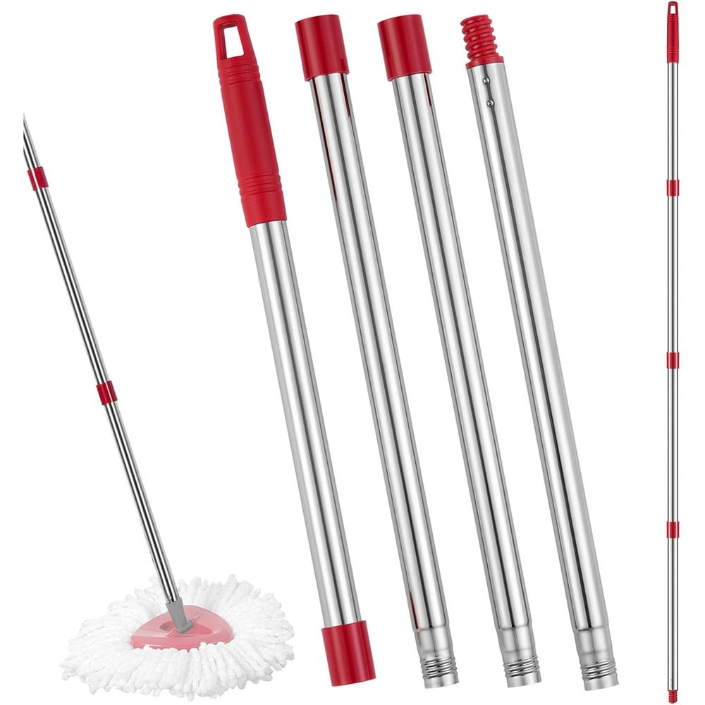 TIDYKITC spin mop replacement handle front view showing the four stainless steel sections fully assembled.