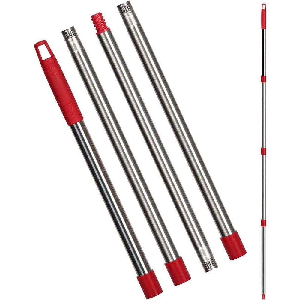 Qulable spin mop replacement handle front view showing the four red stainless steel sections fully assembled