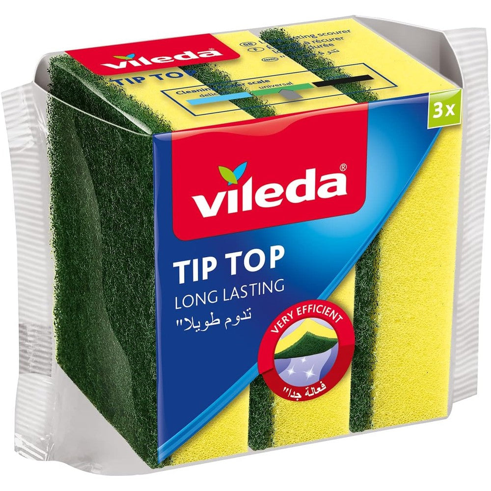 Vileda Tip Top Sponges ten pack front view showing yellow foam and green scouring pad layers.