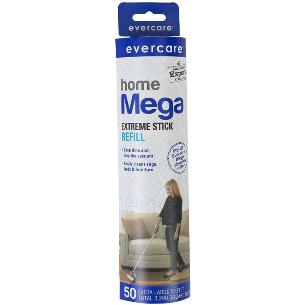 Evercare Mega Large Surface Roller Refill 50 Sheets 6 Pack front view showcasing the ten inch wide sticky lint tape roll