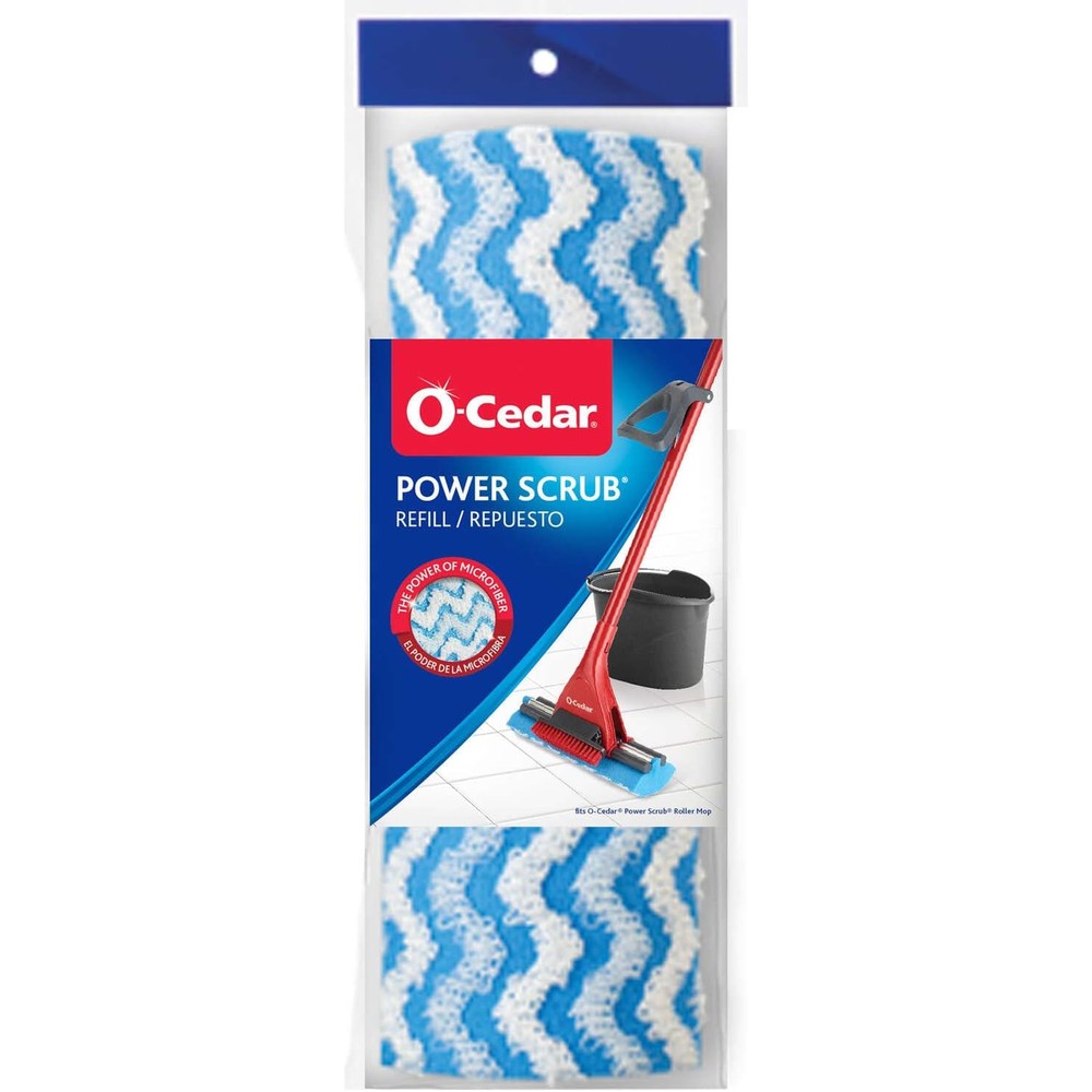 O-Cedar Triple Action Power Scrub Roller Mop Refill front view showing the blue and white microfiber wave sponge.