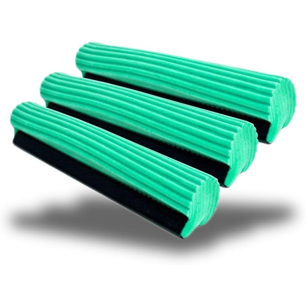 Cyberbrands PVA sponge roller mop head refills three pack front view showcasing green ribbed design.