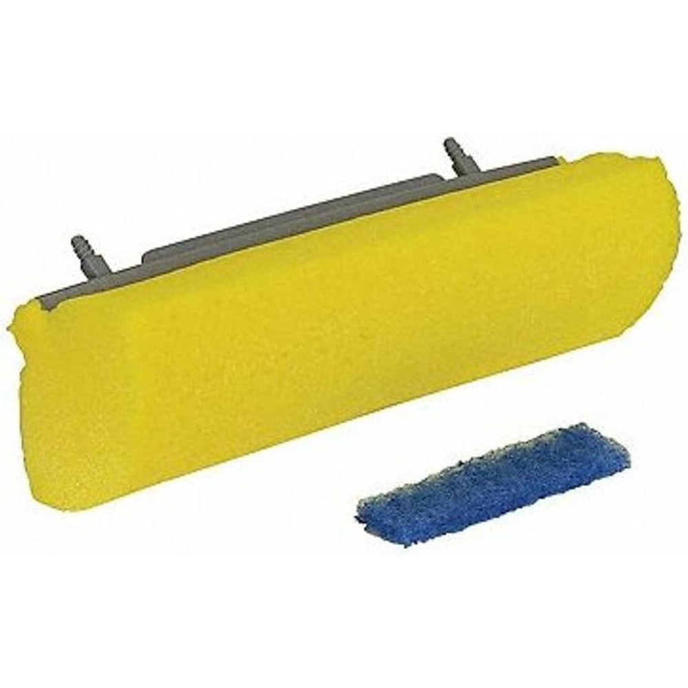 Quickie Home Pro Roller Mop Refill Polybagged front view showing yellow cellulene sponge and blue scrubber strip.