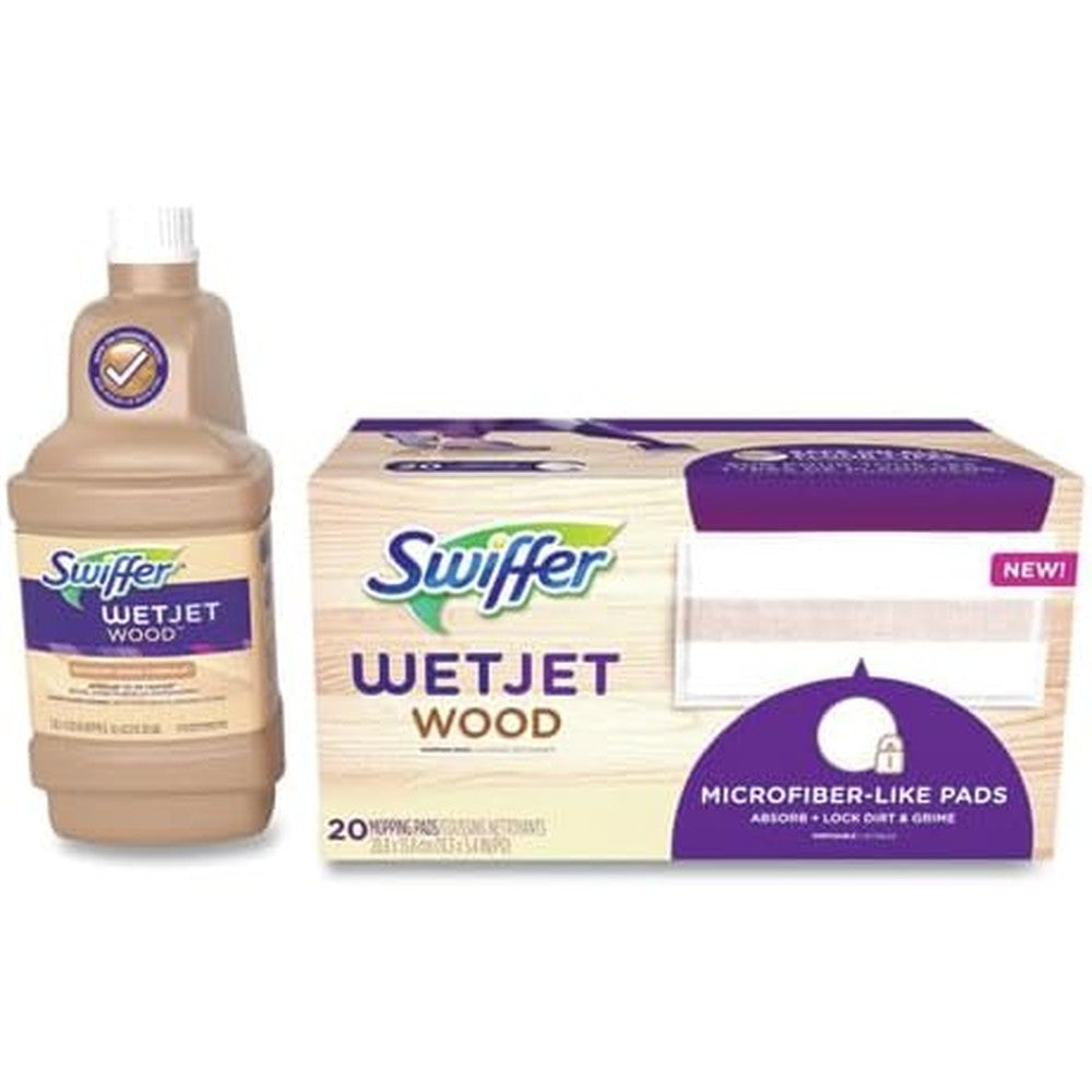 Swiffer WetJet Hardwood Floor Cleaner Mopping Refill Bundle front view showing pads and solution bottle