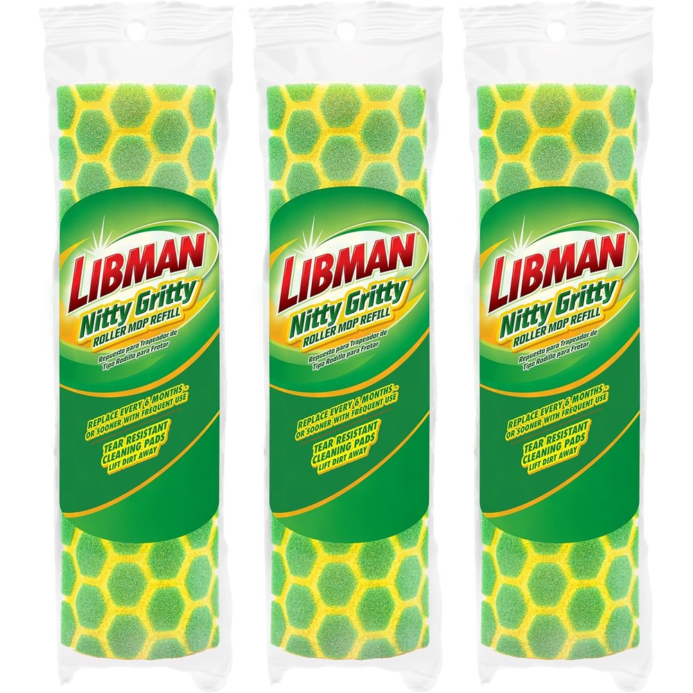 Libman Commercial Nitty Gritty roller mop refills three pack front view showing green scrub pads