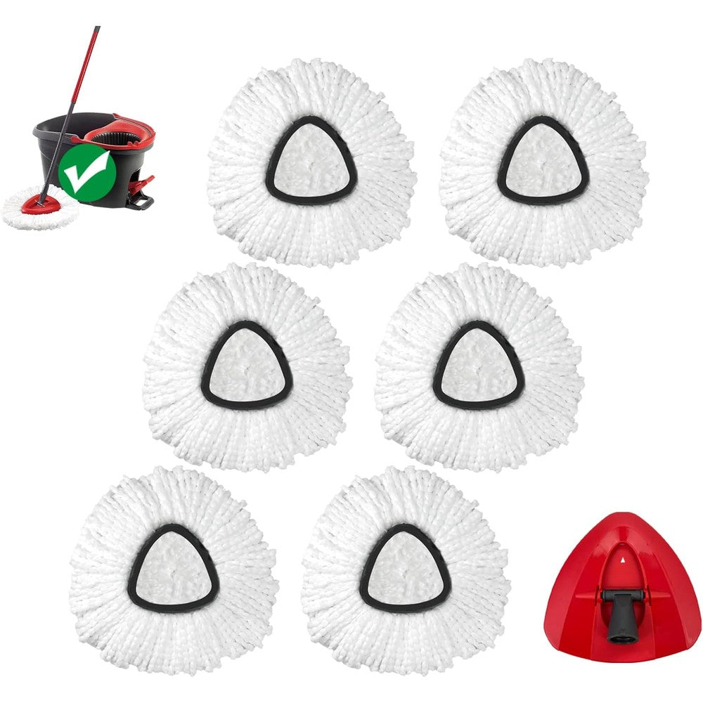 Koolstuffs spin mop replacement head front view showing six white microfiber refills and one red base