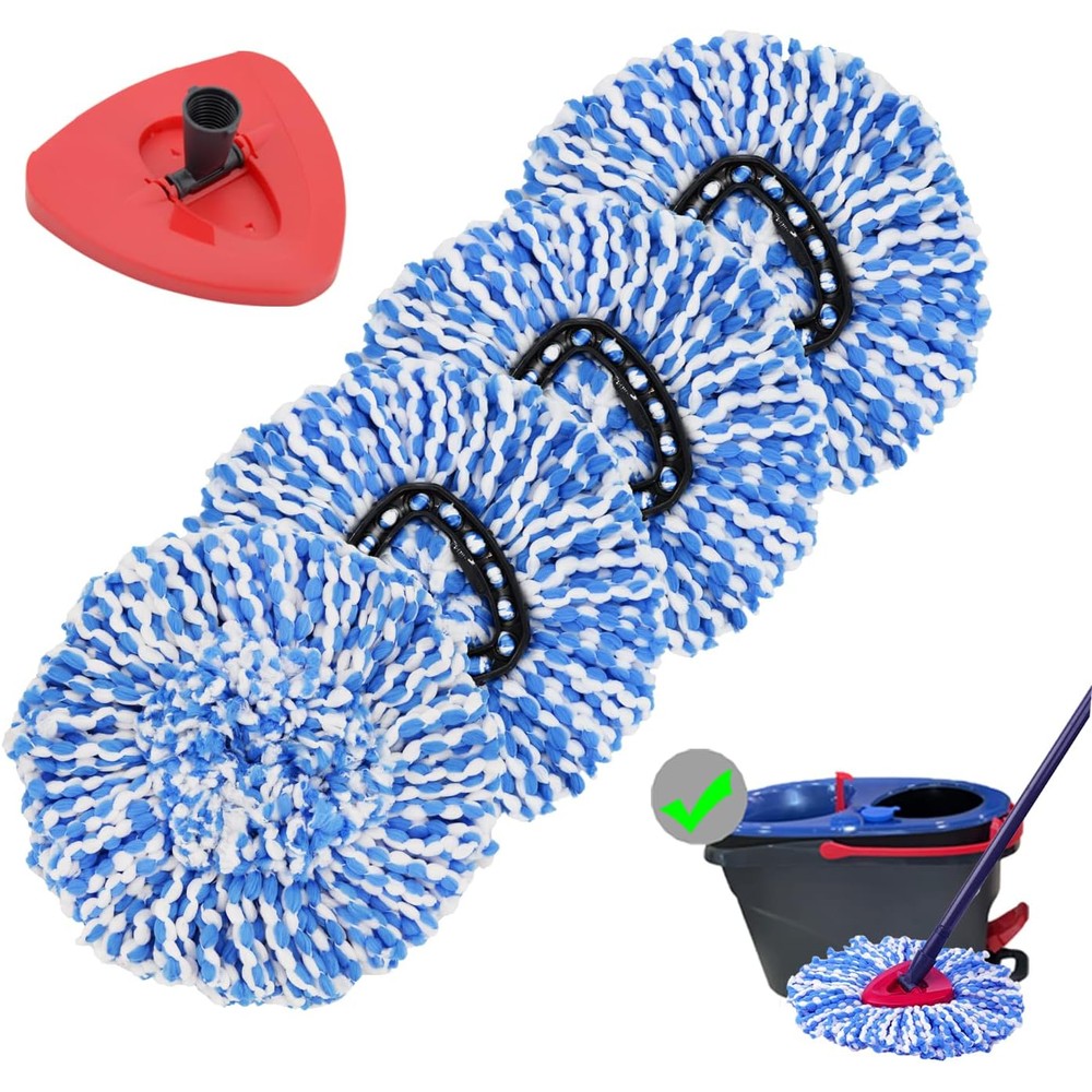 Famebird microfiber spin mop replacement heads front view showing four white refills and one red plastic base