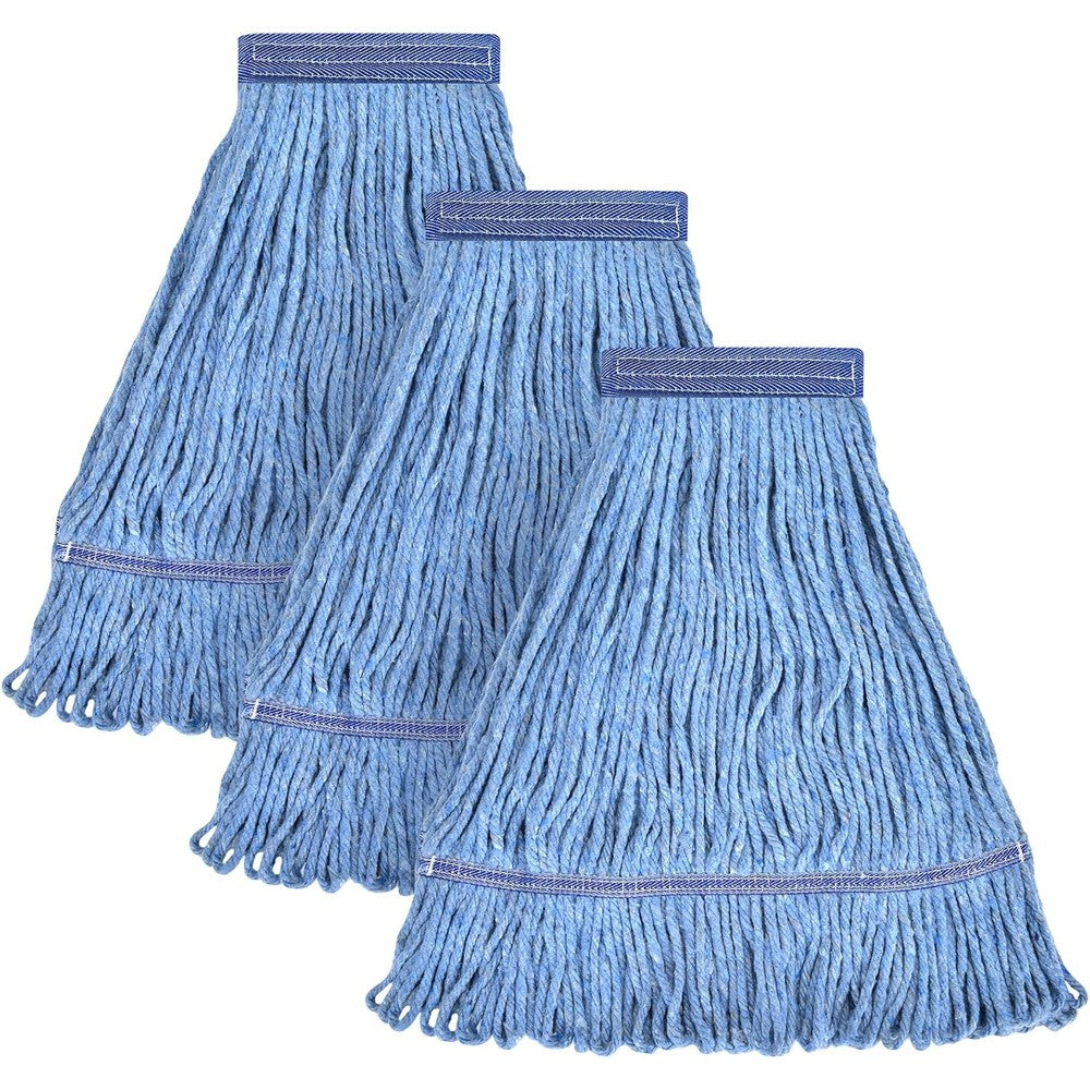 L Luke Supply Matthew Cleaning Heavy Duty Mop Head pack of three front view showcasing the commercial blue cotton looped end design.